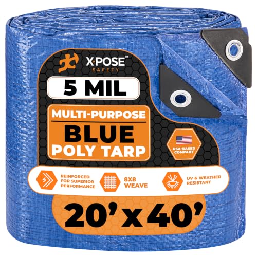 Image of Better Blue Poly Tarp 20' x 40' - Multipurpose Protective Cover - Lightweight, Durable, Waterproof, Weather Proof - 5 Mil Thick Polyethylene - by Xpose Safety