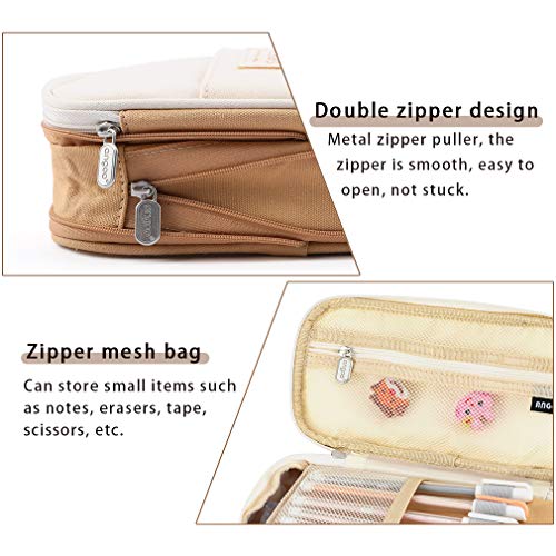Isuperb Foldable Pencil Case Zipper Big Capacity Canvas Pencil Pouch Stationery Organizers Pen Bag Compartments Cosmetic Makeup Bags For Women (Khaki+Beige) #TOP2