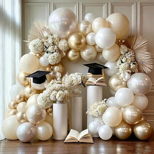 Image of White Gold Balloon Arch Double Stuffed Pearl White Sand Cream Gold Chrome Balloon Garland Kit for Graduation Baptism Birthday Baby Shower Wedding Party Decorations