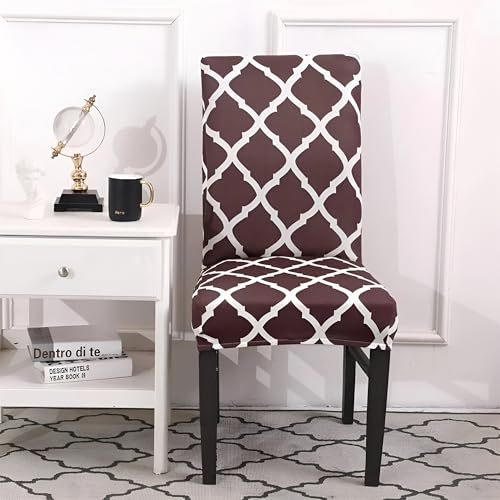 Image of Chair Cover Set of 4 for Dining Table, Stretchable Removable Washable Anti-Slip Universal Fit Printed Polyester Spandex Slipcovers (Brown Diamond)