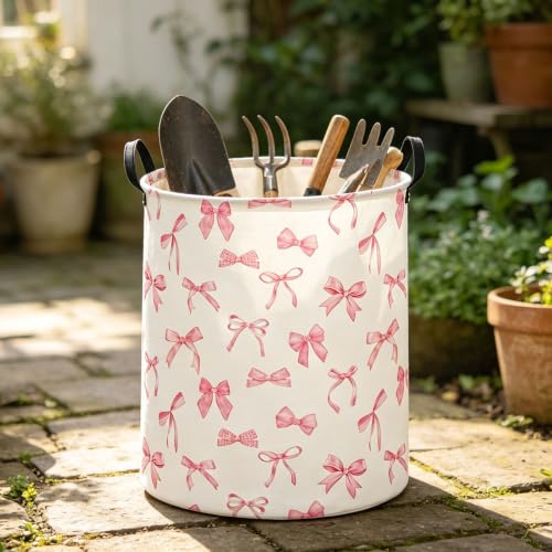 Image of 19.7 inch Laundry Basket,Dirty Clothes Hamper,Waterproof Storage Bin(Pink Bowknot)