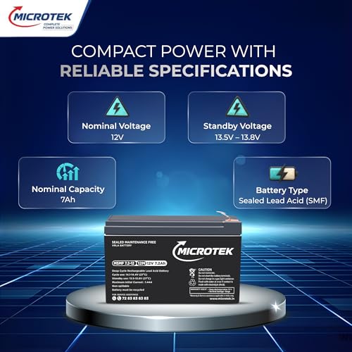 Image of Microtek MSMF 7.2-12 12V 7.2Ah Sealed Maintenance Free VRLA Battery for UPS, Emergency Lighting, Medical Equipment, Telecom, Weighing Machines & Power Backup (Pack of 1)