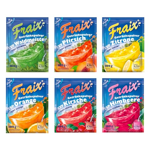 FRAIX Getränkepulver 6 Sorte Mixed (30er Pack x 100g) Vorteilspack - je 5 Packungen - Geschmacksrichtungen - Himbeere Kirsche Orange Pfirsich Waldmeister Zitrone