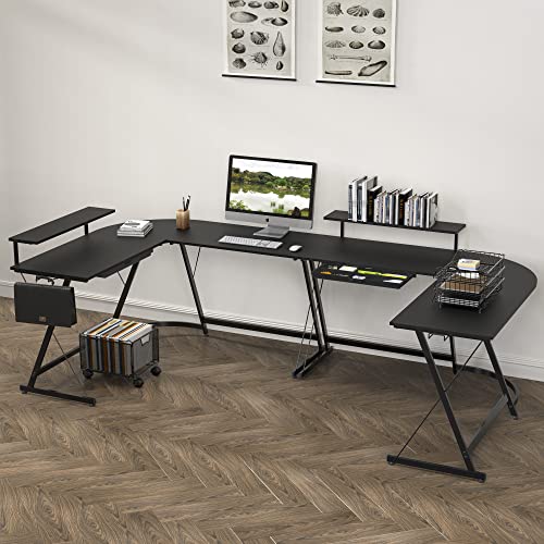 SHW 51 x 51 Inches Vista L-Shaped Desk with Monitor Stand and Drawer, Black