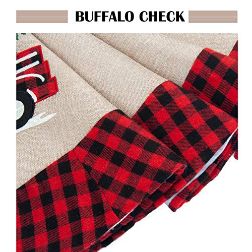 GMOEGEFT Christmas Tree Skirt Burlap with Buffalo Check Trim Rustic Truck and Tree Applique Xmas Home Decoration Ornaments (32 Inches) - Thumbnail 5