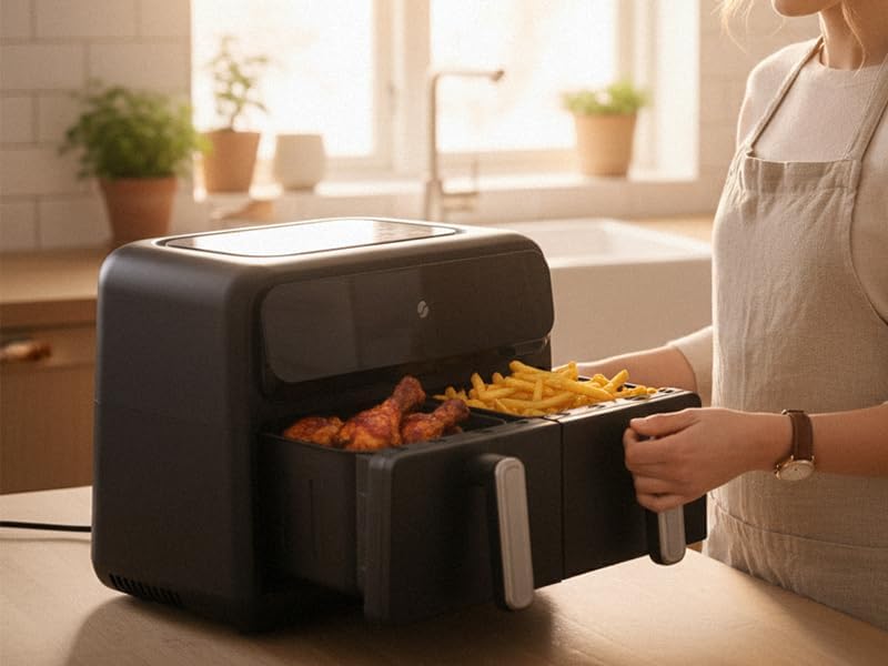 User removing air fryer baskets for cleaning