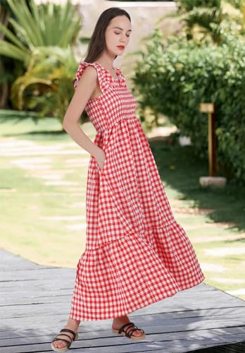 Image of chouyatou Women's Retro Plaid Smocked Dress Spaghetti Strap Flounce Long Dress