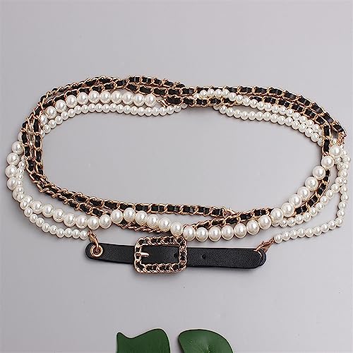 Fashion Versatile Pearl Decoration Leather Belt Women's Dress Pants Skirt Long Waist Decoration Waist Chain3