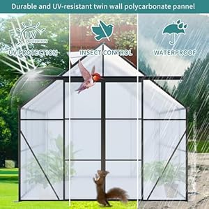 KEIKI 8x8 FT Double Door Polycarbonate Greenhouse with Aluminum Frame,Raised Base and Roof Vent,Walk-in Greenhouses for Patio Garden KEIKI 8×8 FT Double Door Polycarbonate Greenhouse with Aluminum FrameRaised Base and Roof VentWalk in Greenhouses for Patio Garden