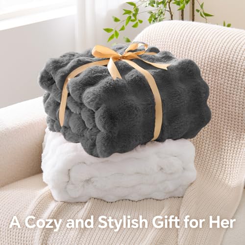 Image of BEDELITE Faux Fur Throw Bubble Blanket for Couch, 50 inch x 60 inch, Dark Grey | 870GSM Soft Cozy Plush Blanket for Sofa & Bed Living Room Decor, Warm Fuzzy Faux Rabbit Fur for Women Gift, All Season Use