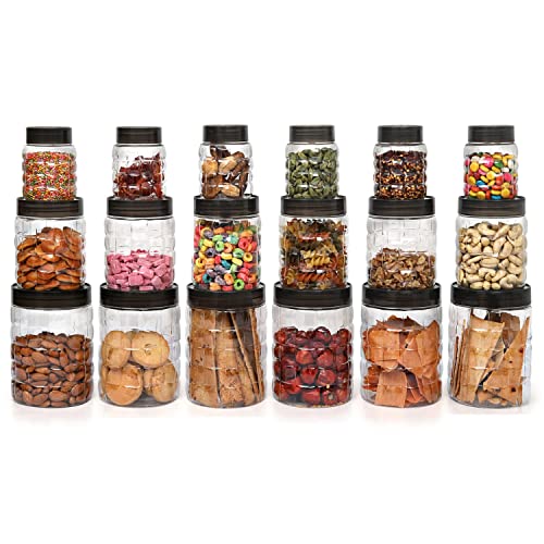 CELLO Checkers Pet Plastic Airtight Canister Set | Food Grade And BPA Free Canisters | Air Tight Seal & Stackable Transparent | 300ml X 6, 650ml X 6, 1200 X 6, Set Of 18 For Rs. 399 @ 64 %