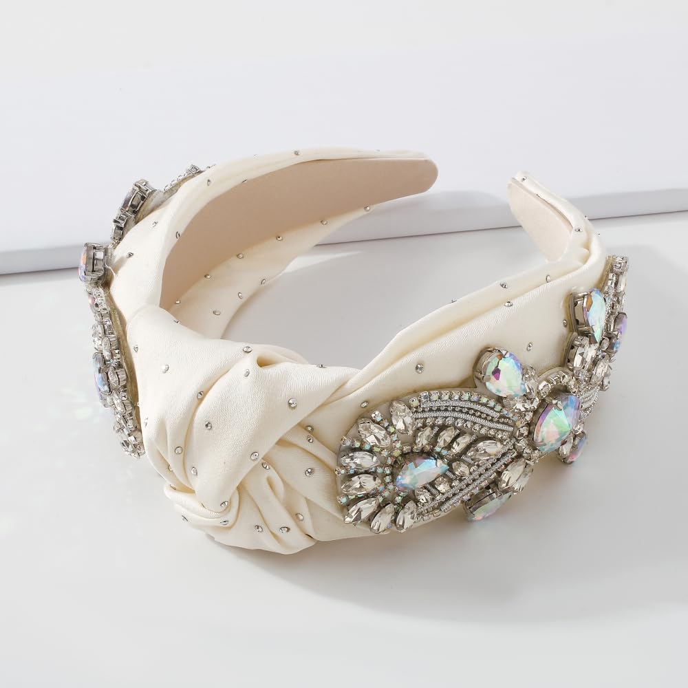 Diadema ancha para el cabello con diamantes de imitación y aro de satén para mujer, color gris