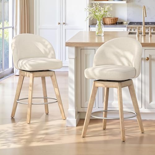 LUE BONA Tabouret Bar Rotatif sur 360°,Tabourets de Bar Lot de 2,Chaises de Bar avec Matelassé Tissu Texture Lin,Hauteur 66 cm,Tabouret Bar Bois avec Dossier et Repose-Pieds,pour Cuisine,Bar,Beige