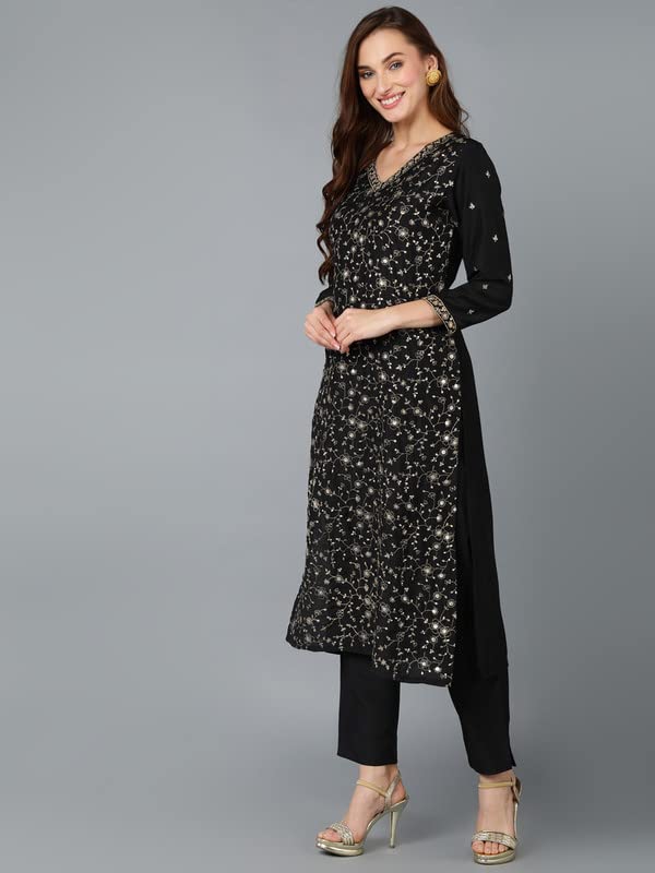 Image of Vaamsi Women's Silk Blend Floral Embroidered Straight Kurta Pant With Dupatta With Cotton Inner