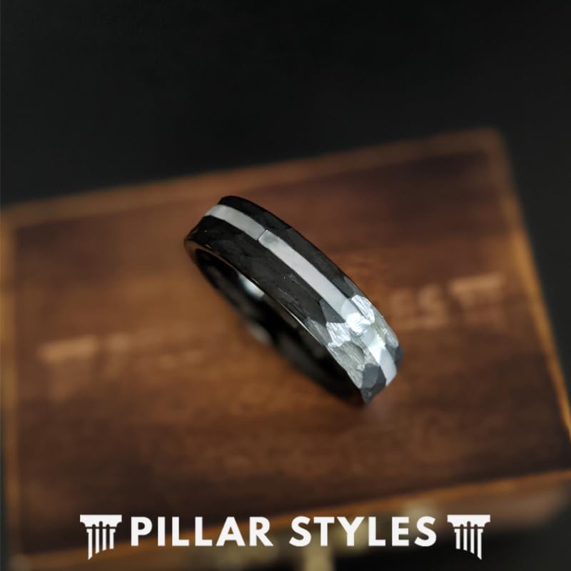 6mm Black Hammered Ring Mens Wedding Band Mother of Pearl Rings for Men Offset Pearl Inlay Tungsten Ring Unique Anniversary Gifts for Him Comfort Fit Sizing Couples Ring Set3