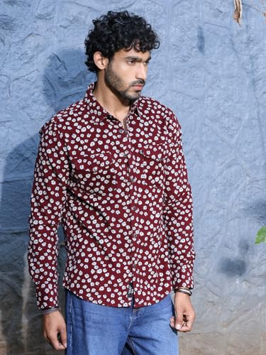 Image of Thomas Scott Men Slim Fit Pure Cotton Corduroy Floral Printed Semi-Formal Shirt