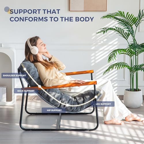 Image of MAXYOYO Modern Accent Chair, Comfy Living Room Chair with Metal Frame Wooden Armrest, Upholstered Armchair with Soft Cushion for Bedroom Balcony Lounge Reading Room, Dark Grey