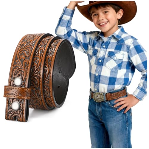 SANSTHS Kids Western Belt without Buckle Genuine Leather Boys Girls Belt Strap Cowgirl Cowboy Belts for Jeans Western Gifts Embossed Leaf/Brown