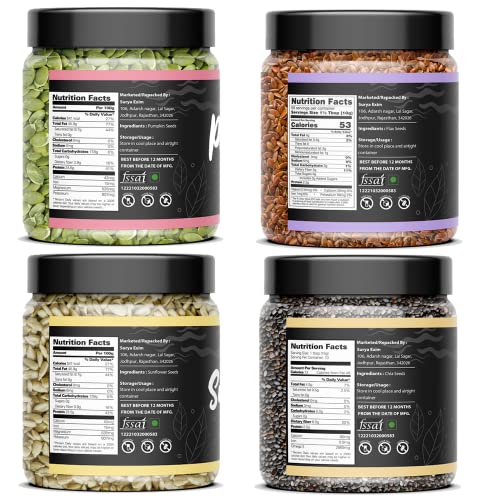 Image of Organic Box Raw Super Seeds Combo 1 KG - Pumpkin, Sunflower, Chia & Flax Seeds (250 g Each) - 100% Raw • High‑Protein • Weight‑Loss • Healthy Gift Pack