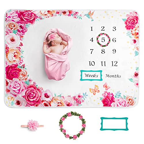 Image of by ALEENTA Month Blanket for Baby Girl, Baby Milestone Blanket Girl with Flowers and Butterflies, Pink Baby
