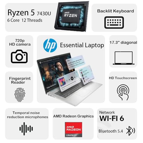 Image of HP 17.3 inch Laptop Computer for Business & Home, Anti-Glare Touchscreen Laptop with AMD Ryzen 5 7430U Processor, 8GB DDR4, 128GB SSD, Backlit Keyboard, Fingerprint Reader, Webcam, Windows 11 Home, Black