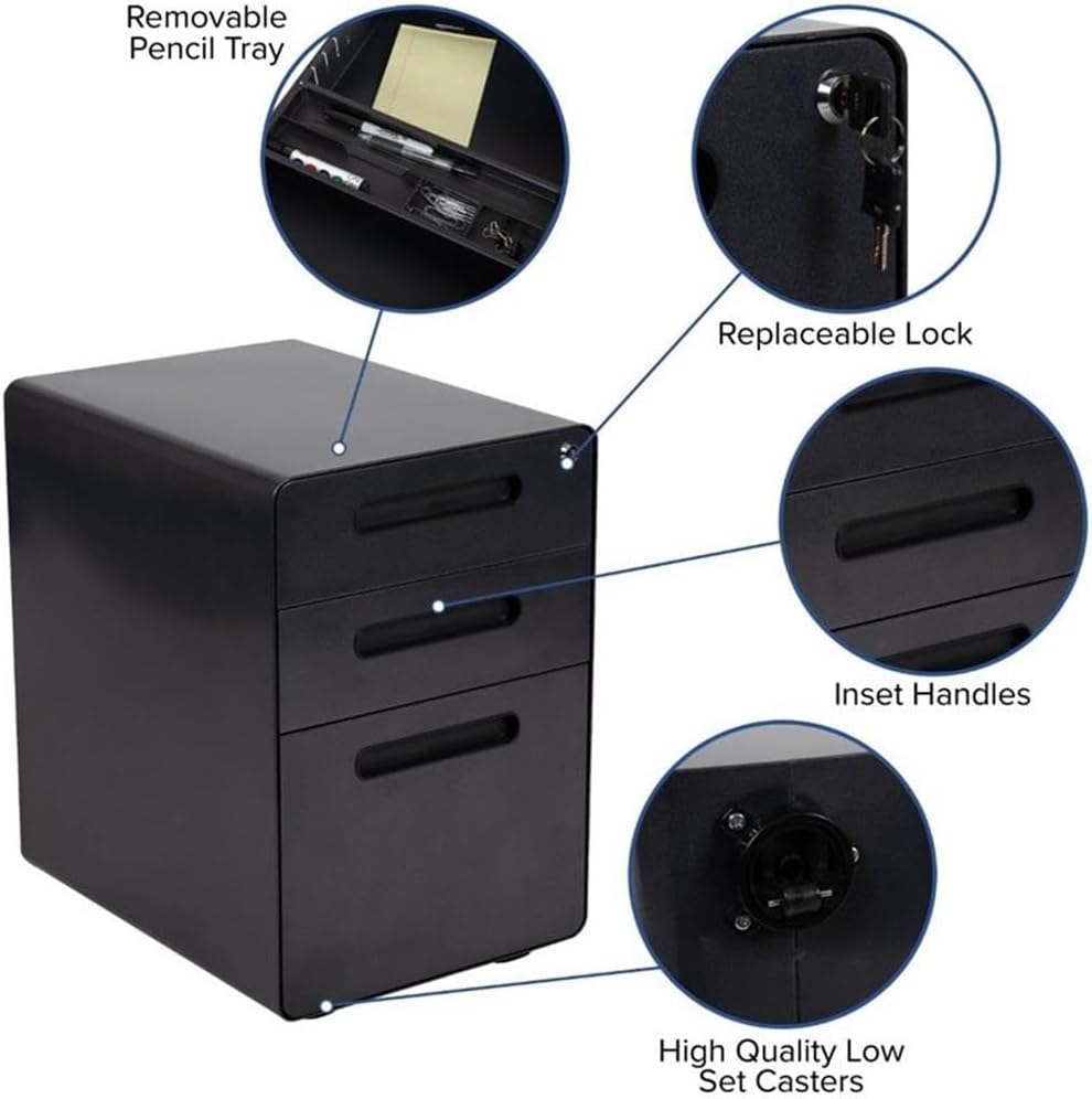 Pemberly Row Contemporary 3 Drawer Mobile File Cabinet, 24 in H x 16 in W x 21 in D, Black Finish, Plastic and Steel Construction, Locking Design with Casters, Under Desk Organizer for Home or Office