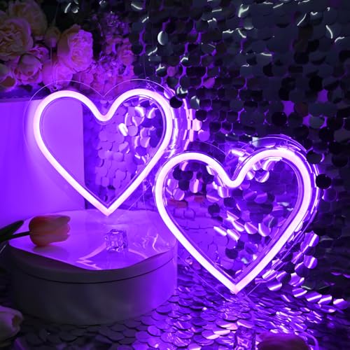 Image of Britrio Purple Heart Neon Sign Battery or USB Powered 2 Pcs LED Neon Heart Light for Mom Valentines Wedding Proposal Anniversary Wall Decoration Night Light for Girl Room Classroom Dorm Bedroom Decor