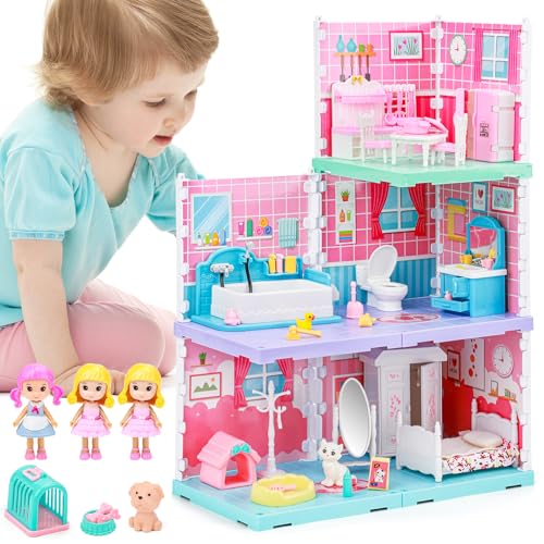 deAO Puppenhaus Traumhaus für Mädchen, 3 In 1 Dollhouse Stadthaus mit 3 Spielzeugfiguren 3 Zimmer und Möbelstücken Zubehör, Dreamhouse Spielhaus Spielraum Puppen Spielzeug für Kinder ab 3 deAO Puppenhaus Traumhaus für Mädchen, 3 In 1 Dollhouse Stadthaus mit 3 Spielzeugfiguren 3 Zimmer und Möbelstücken Zubehör, Dreamhouse Spielhaus Spielraum Puppen Spielzeug für Kinder ab 3