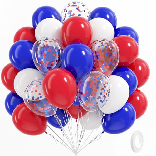 Image of BAUANOOY Red White and Blue Balloons, 60pcs 12 Inch Red White and Blue Decorations with Confetti Balloons for Independence Day Patriotic Anniversary Veterans Day Graduation Birthday Party Decorations