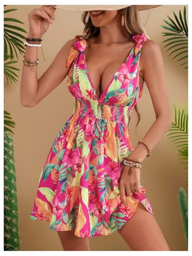 GORGLITTER Women's Floral Tropical Bow Tie Mini Dresses V Neck Sleeveless Open Back Flowy Dress Summer Beach Dress 20252