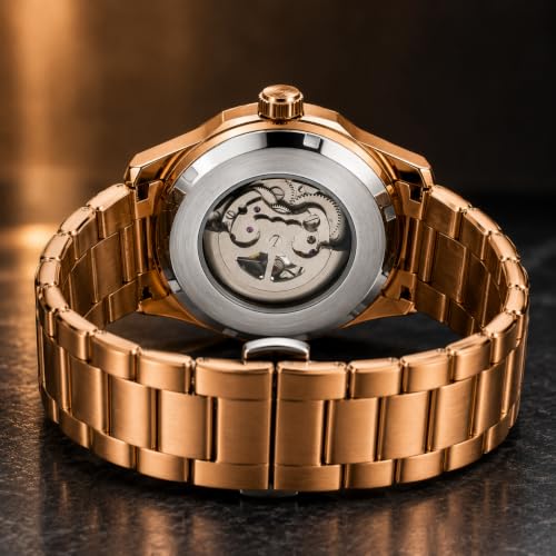 Image of Automatic Watches for Men Gold Watch Skeleton Analog Watch with Blue Dial, Mechanical Wrist Watch, Stainless Steel Chain Strap, Luxury Watches for Men, Classic Waterproof Timepiece