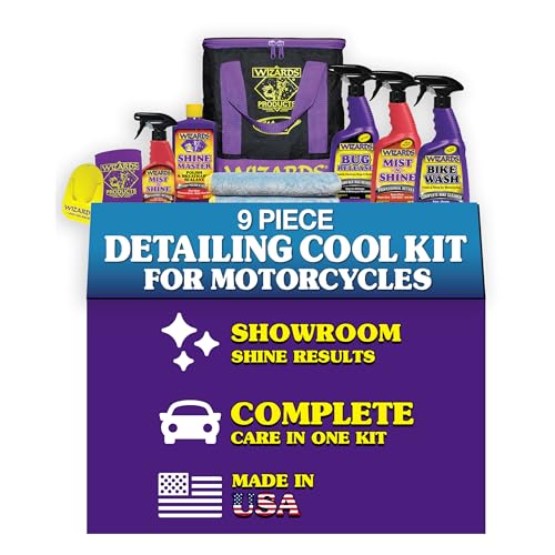 Wizards Motorcycle Cool Kit 22700 Complete 82 oz Detailing Set with Mist-N-Shine Bug Remover Bike Wash Polish Microfiber Cloth Professional Exterior Cleaning Supplies and Care Accessories