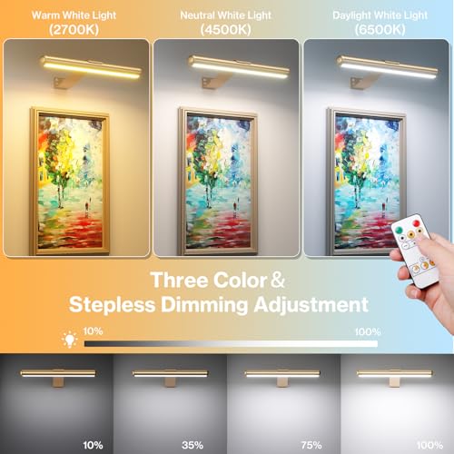 Image of Olafus Wireless Picture Light Rechargeable Battery Operated, Remote Control Painting Lamp with Removable Tube, Infinitely Dimmable, Timer, Photo Frame Art Light, Gallery Display Wall Light, Gold
