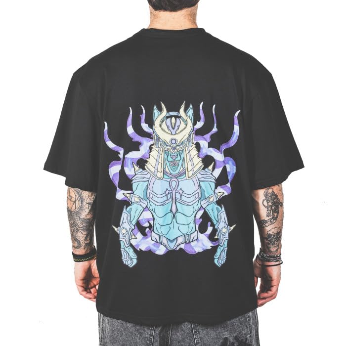 T-Shirt Uomo Baggy Maglietta Cotone Skate Hip Hop Rap con Logo Anubis sul Retro