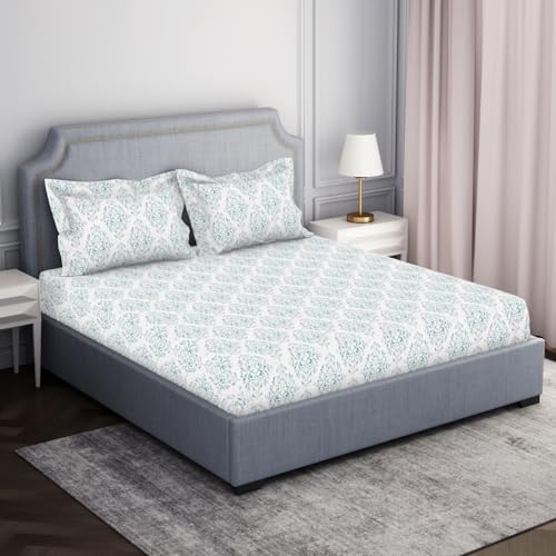 Image of Welspun 100% Cotton Bedsheet for Double Bed King Size with 2 Pillow Covers | Breathable & Soft Double Bed Bedsheet | 274 x 274 cm | Light Green