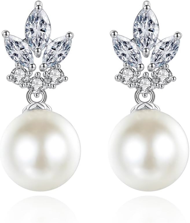 14K Gold Pearl Drop Earrings for Women, Large Natural Pearl Dangle with Pear and Marquise Cut Moissanite, Bridal Pearl Jewelry for Wedding Day