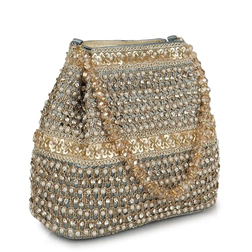 Image of Nevis Silk Fabric Premium Pearl & Crystal Embroidered Potli Bag for Women | Ethnic Bridal Clutch with Golden Handle | Party & Wedding | Potli Bag