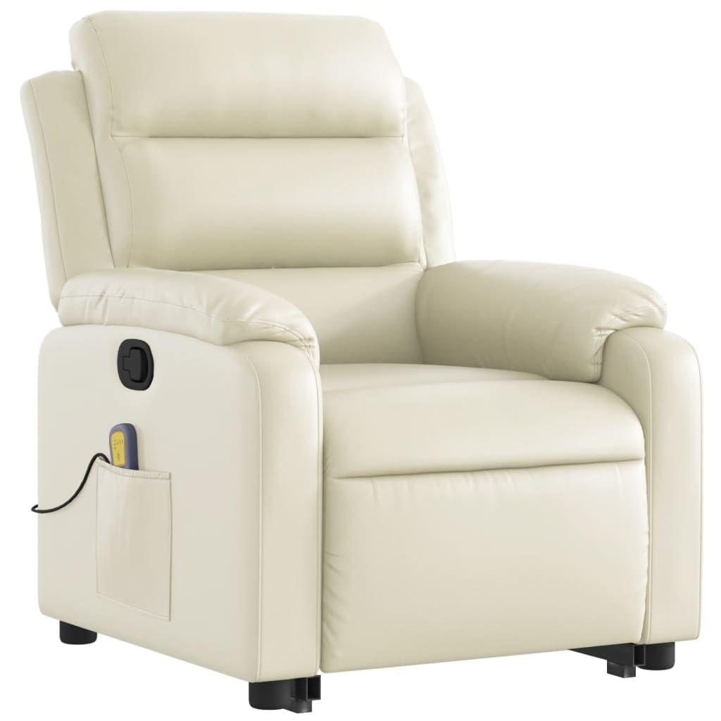 Sillón elevador reclinable con masaje de 6 puntos y función de elevación eléctrica, de piel sintética, color crema, respaldo ajustable manualmente y estructura estable