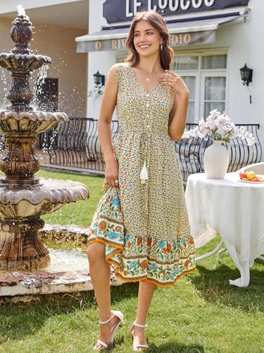 Image of BROVAVE Women Summer Bohemian Floral Print V Neck Sleeveless Sundress Flowy Casual Midi Dress