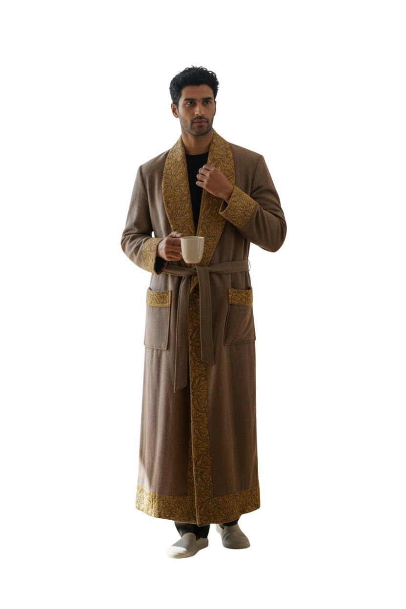kashmir gallery Men Woolen Nightgown Dressing Gown Sleep And Lounge Wear With Kashmiri Charming Embroidery Free Size (1, Beige-9)-picture-8