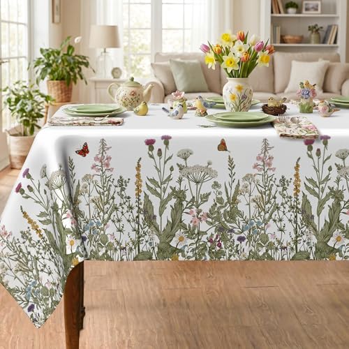 JNDJE Spring Tablecloth 60x84 Inch, Spring Wild Flowers Floral Decorations for Home Table Cloth Rectangle Summer Plants Decor Tablecloths Polyester for Picnic Party Dinner