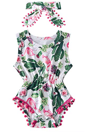 chicolife Combinaison bébé Tout-Petit Cactus et Fleurs Imprimer Combishort sans Manches pour bébé Body col Rond avec Gland pour l'été Tous Les Jours 6-12 Mois