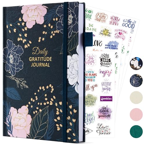 Comkiso Gratitude Journal with 4 Inspirational Stickers: Undated Daily Gratitude Journal for Women and Men - More Happiness Affirmation and Mindfulness in A Few Minutes with Prompts & Quotes (Peony)