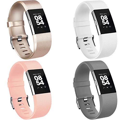 Vancle Pack 4 correas de repuesto para correa Charge 2, correas suaves y cómodas para Fitbit Charge 2 (04 champán, gris, blanco, rosa rubor, S)