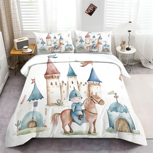 Housse de Couette 140 x 200 cm Château À L'Aquarelle Chevaliers 3D Imprimé, Fille Parure de lit 3 Pièces Confortable Doux Microfibre avec Fermeture Éclair Literie...