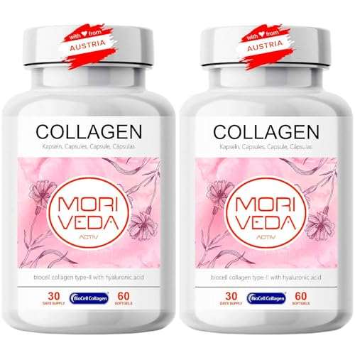 MoriVeda Capsule di collagene BioCell, collagene di tipo 2 con acido ialuronico e condroitina, per pelle, articolazioni e tessuto connettivo, certificato ISO, 2 x 60 pezzi