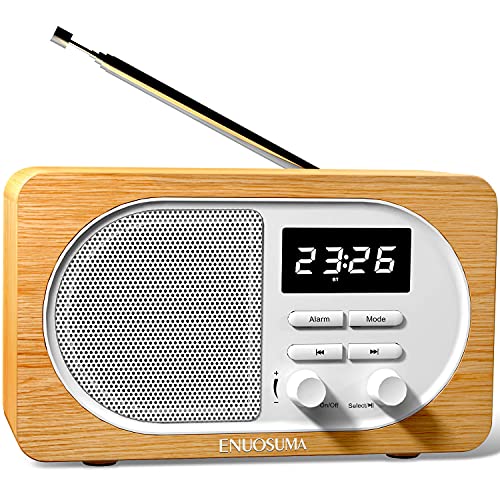 ENUOSUMA Digital Alarm Clock Radio, Bluetooth Speakers, FM Radio with Long Antenna, Loud Clock for Heavy Sleeper, Snooze, 5 Alarm Sounds, Bedroom, Support TF Card MIC AUX in, BS22 (Wood Grain)