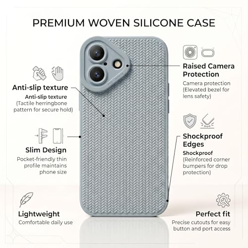 Image of amazon basics Luxury 3D Knitted Texture Soft Silicone Back Cover for iPhone 16 | Slim Fit Shockproof Case with Camera Protection & Non-Slip Grip - Blue