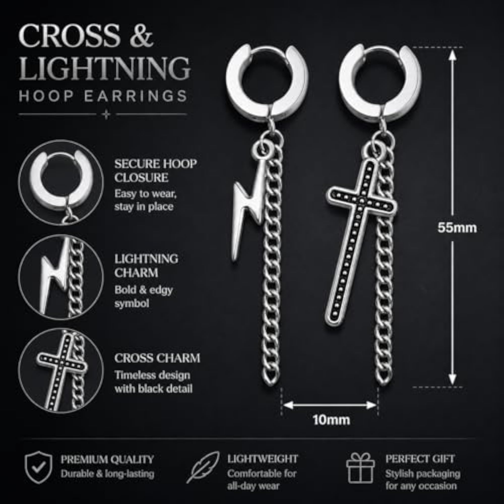 Zikzak Chain Black and Silver Stainless Steel Earrings, Unisex
