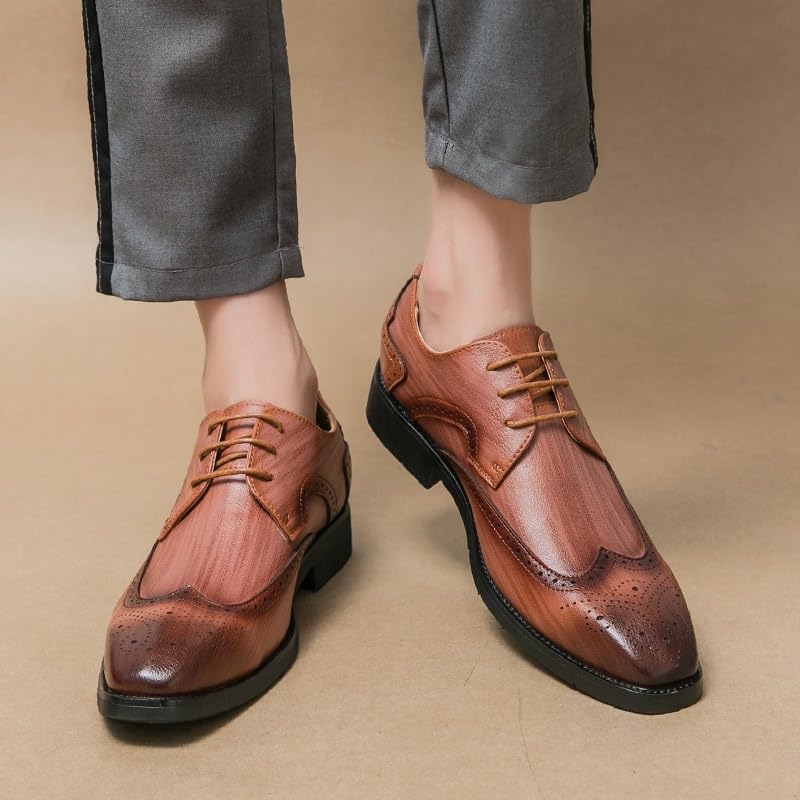 Dress Formal Shoes for Men Lace Up Square Toe Faux Leather Brogue Embossed Wing tip Derby Shoes Rubber Sole Non Slip Anti-Slip Block Heel Wedding4